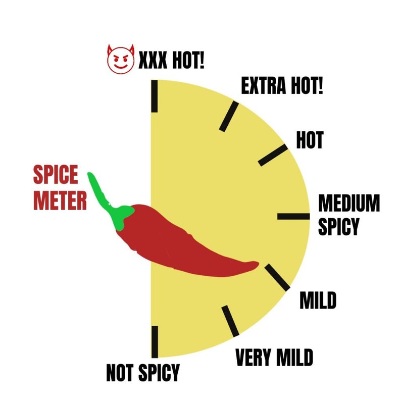 May include: A yellow and white spice meter with a red chili pepper pointing to the "XXX HOT!" section. The meter also includes the following levels: "EXTRA HOT!", "HOT", "MEDIUM SPICY", "MILD", "VERY MILD", and "NOT SPICY".