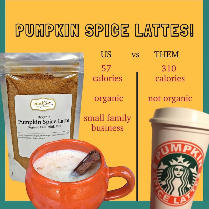K&ouml;nnte beinhalten: Ein Vergleich von zwei Pumpkin Spice Latte-Mischungen. Die linke ist Bio, hat 57 Kalorien und stammt von einem kleinen Familienbetrieb. Die rechte ist nicht Bio, hat 310 Kalorien und stammt von einem gro&szlig;en Unternehmen. Das Bild zeigt eine T&uuml;te Pumpkin Spice Mix, eine Tasse Pumpkin Spice Latte und einen Starbucks-Becher.