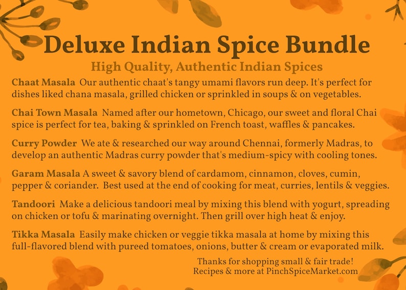 Indian Masalas 6-Pack Bundle Indian Spices Gift Organic Tandoori, Chaat, Curry, Chai, Tikka & Garam Seasonings Bild 2