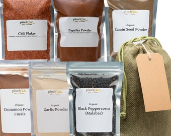 6 Essential Organic Spices Bundle | Paprika, Garlic Powder, Cinnamon, Chili Flakes, Cumin, Black Peppercorns