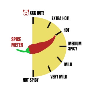May include: A yellow and red chili pepper spice meter with a red devil face and the text "XXX HOT!" at the top. The meter has markings for "Not Spicy", "Very Mild", "Mild", "Medium Spicy", "Hot", and "Extra Hot!"