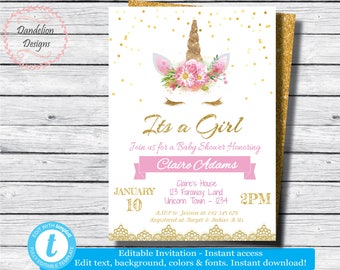 Unicorn baby shower invitation, Unicorn Party, It's a girl, Unicorn horn, unicorn face, Editable Invitation template, Instant download, girl