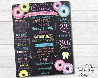 Donut 1st Birthday Chalkboard Sign / Donut Birthday Milestone Poster / Birthday Stats Board / Donut Party