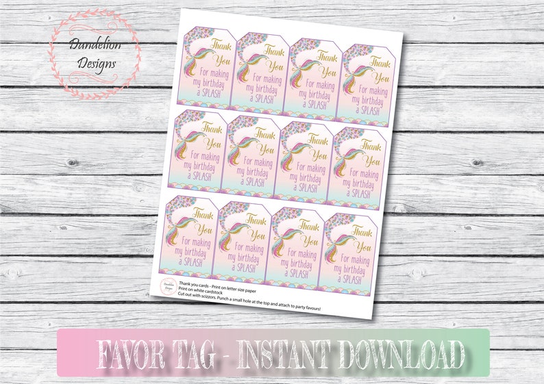 Mermaid thank you tag, Mermaid favor tag, instant download, mermaid birthday party, mermaid party decorations, glitter tag, printable image 3