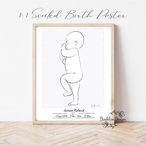PERSONALISIERTE BIRTH POSTER Scaled 1:1, Neugeborenes Baby zu skalieren, personalisierte Geburt Details, Baby Geburt Wandkunst, Linie Babyskizze, Baby-Druck