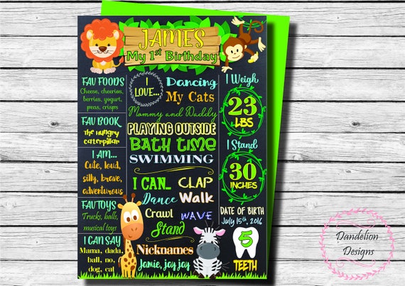 Jungle 1st Birthday Safari Chalkboard Zoo First Birthday Etsy