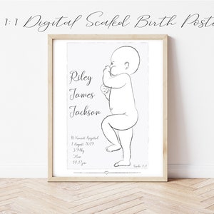 PÓSTER DE NACIMIENTO PERSONALIZADO Escalado 1:1, bebé recién nacido a escala, detalles de nacimiento personalizados, boceto de nacimiento imprimible, dibujo de bebé acuarela