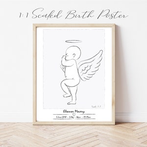 PERSONALISIERTE BIRTH POSTER Scaled 1:1, Neugeborenes Baby zu skalieren, personalisierte Geburt Details, Engel Baby, Geburt Druck, Baby-Skizze, Regenbogen-Baby
