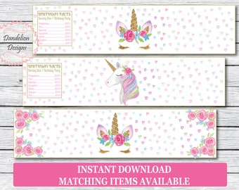 May include: Three printable labels featuring a unicorn with a gold horn and a floral crown. The background is white with pink, blue, and green hearts and stars. The labels also include the text "Birthday Facts" and "Serving Size: 1 Birthday Party".