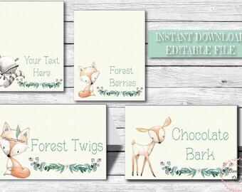 Woodland Food Tent Place Cards | Woodland food tent | Forest Animals party decor | Editable foot tent place cards | Custom template