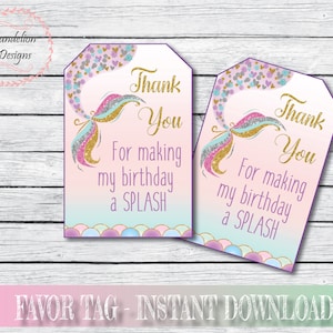 Mermaid thank you tag, Mermaid favor tag, instant download, mermaid birthday party, mermaid party decorations, glitter tag, printable image 1