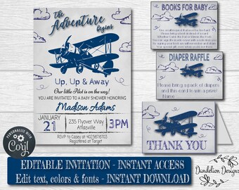 Airplane baby shower package, vintage airplane invitation, diaper raffle, Time Flies, INSTANT DOWNLOAD, editable file, Digital Invitation