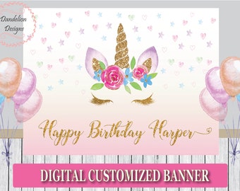 Floral Unicorn birthday backdrop, Unicorn banner, 1st birthday poster, Printable Background poster, Unicorn birthday, Unicorn face, digital