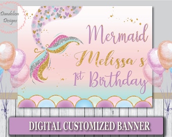 Mermaid birthday backdrop, Mermaid birthday sign, Mermaid banner, 1st birthday poster, Printable Background poster, Under the sea, digital