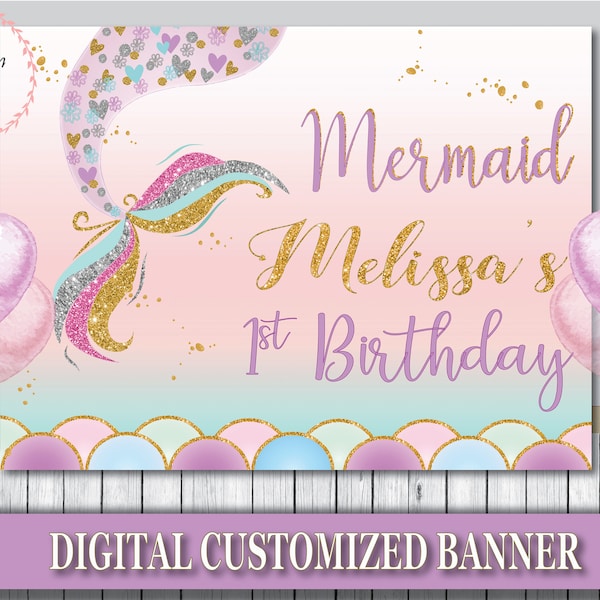 Mermaid birthday backdrop, Mermaid birthday sign, Mermaid banner, 1st birthday poster, Printable Background poster, Under the sea, digital