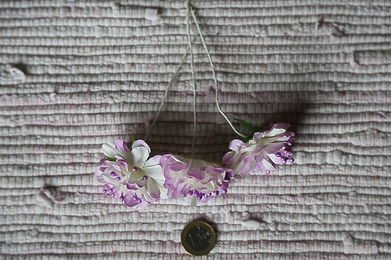 Small violet and white realistic flowers Set 3 fabric flowers