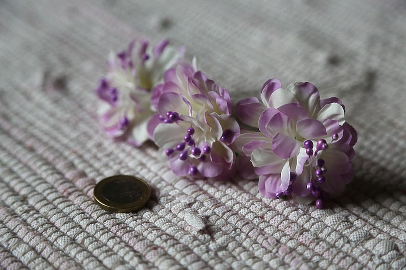 Small violet and white realistic flowers Set 3 fabric flowers