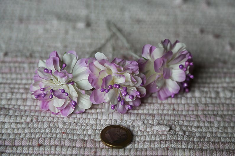 Small violet and white realistic flowers Set 3 fabric flowers