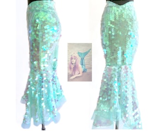 Sexy Costume Mermaid Tail pastel mint green seafoam Long Skirt sequin Dancewear Festival Rave Outfit Halloween