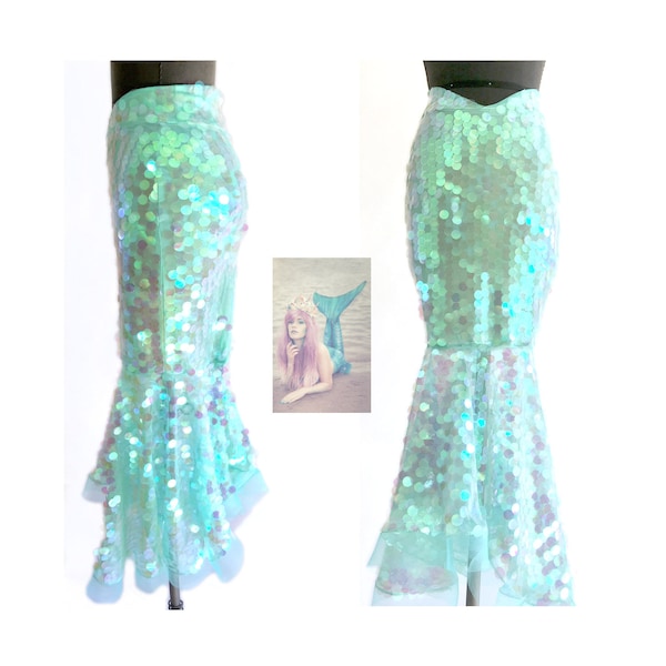 Sexy Costume Mermaid Tail pastel mint green seafoam Long Skirt sequin Dancewear Festival Rave Outfit Halloween