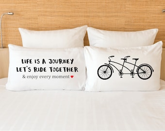 Just Married Couples Pillowcases, Wedding Gift, Couples Gift - Life is a Journey Tandem Bike Love Quotes