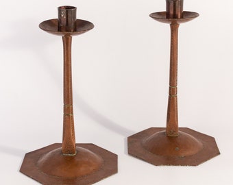 Pair of Arts and Crafts Planished Copper Candlesticks by Ernest Gimson