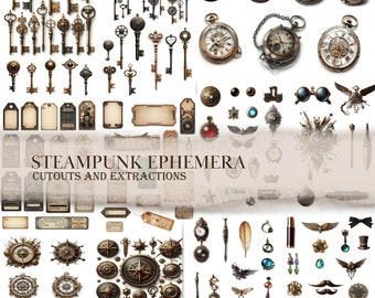 Puede incluir: Una colección de llaves, relojes de bolsillo, brújulas y otros objetos de estilo steampunk vintage. Los objetos están dispuestos sobre un fondo blanco e incluyen varios engranajes, piñones y otros detalles intrincados.