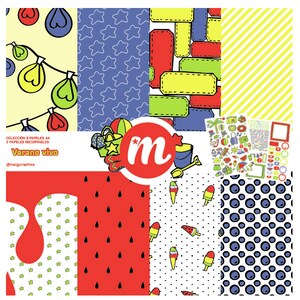 VERANO VIVO. Papeles y recortables, frases en castellano, embellisements, decoraciones para scrap y project life