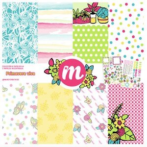 PRIMAVERA VIVA. Papeles y recortables, frases en castellano, embellisements, decoraciones para scrap y project life