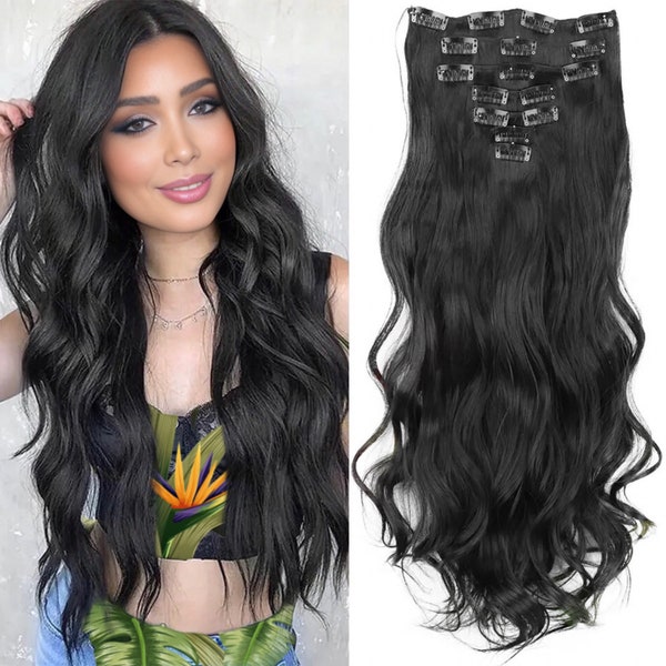 24 inches Clip in Hair Extensions Like human hair 7 pieces Black Wavy synthetic hair extensions
