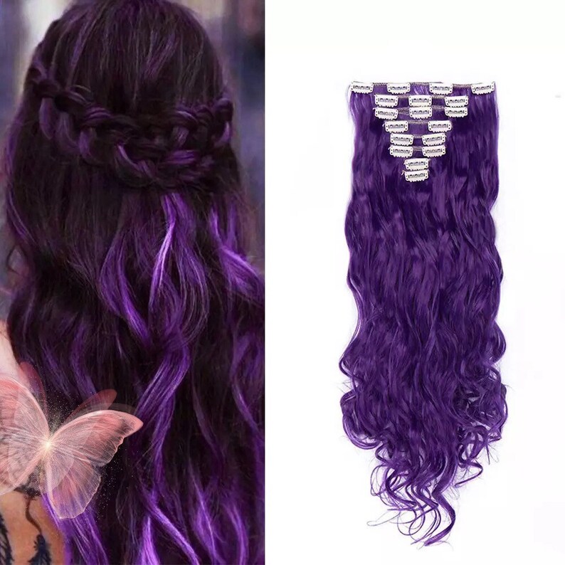 8 pieces Purple Clip in Hair Extensions 24 inches long Curly Etsy