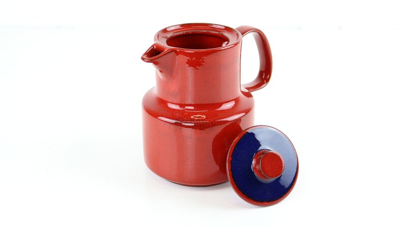 Ceracron tea or coffee pot red blue German retro pottery coffee pot skandi design trend color red Vintage Melitta Germany d\u00e9cor