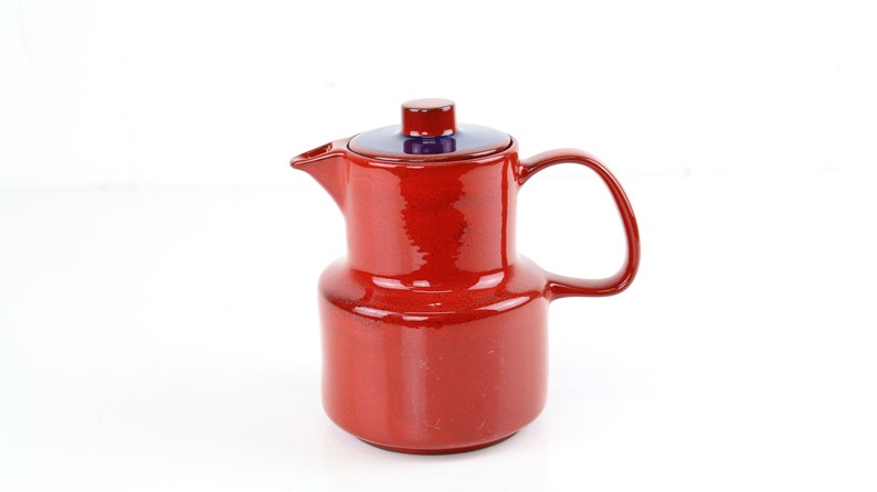 Ceracron tea or coffee pot red blue German retro pottery coffee pot skandi design trend color red Vintage Melitta Germany d\u00e9cor