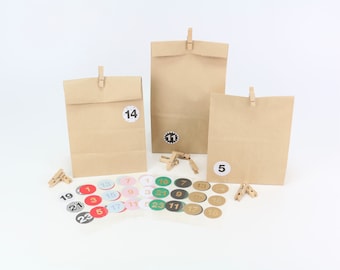 Advent calendar for self-filling 24 brown block bottom bags 23.5 x 13 x 7.7 and 24 number stickers in your desired color