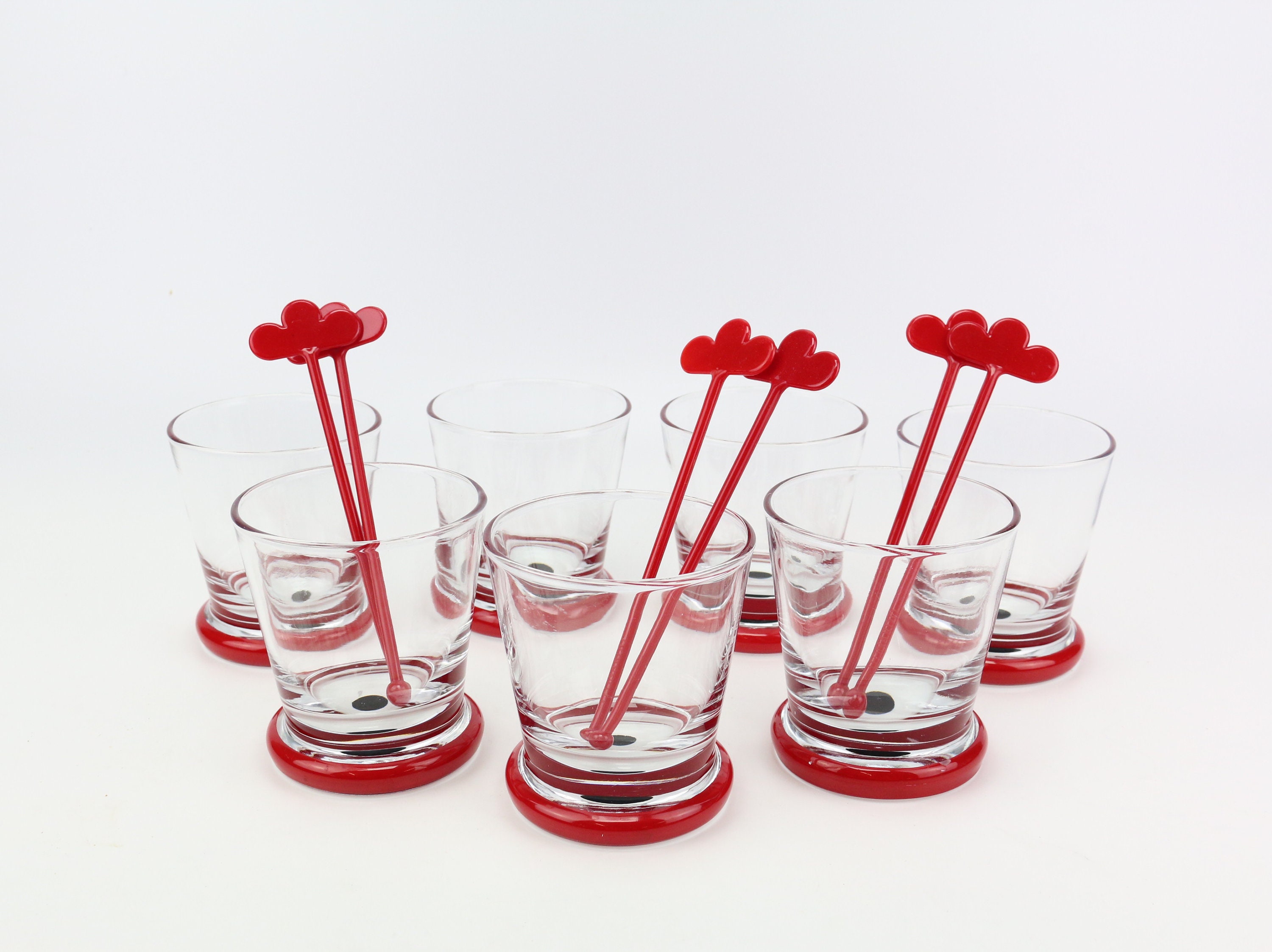 7er Set Joy Trinkgläser mit rotem Boden & Rührstäben Longdrinkgläser Stirrer 90 er Jahre vintage Trinkgläser Kult retro Sammlergläser
