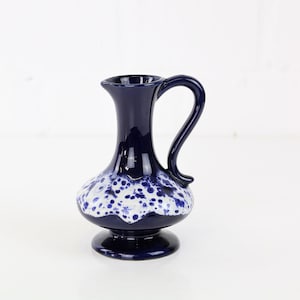 vintage midcentury modern design bulbous bay vase 8015 blue ceramic with white details earthenware plant pot fat lava German pottery