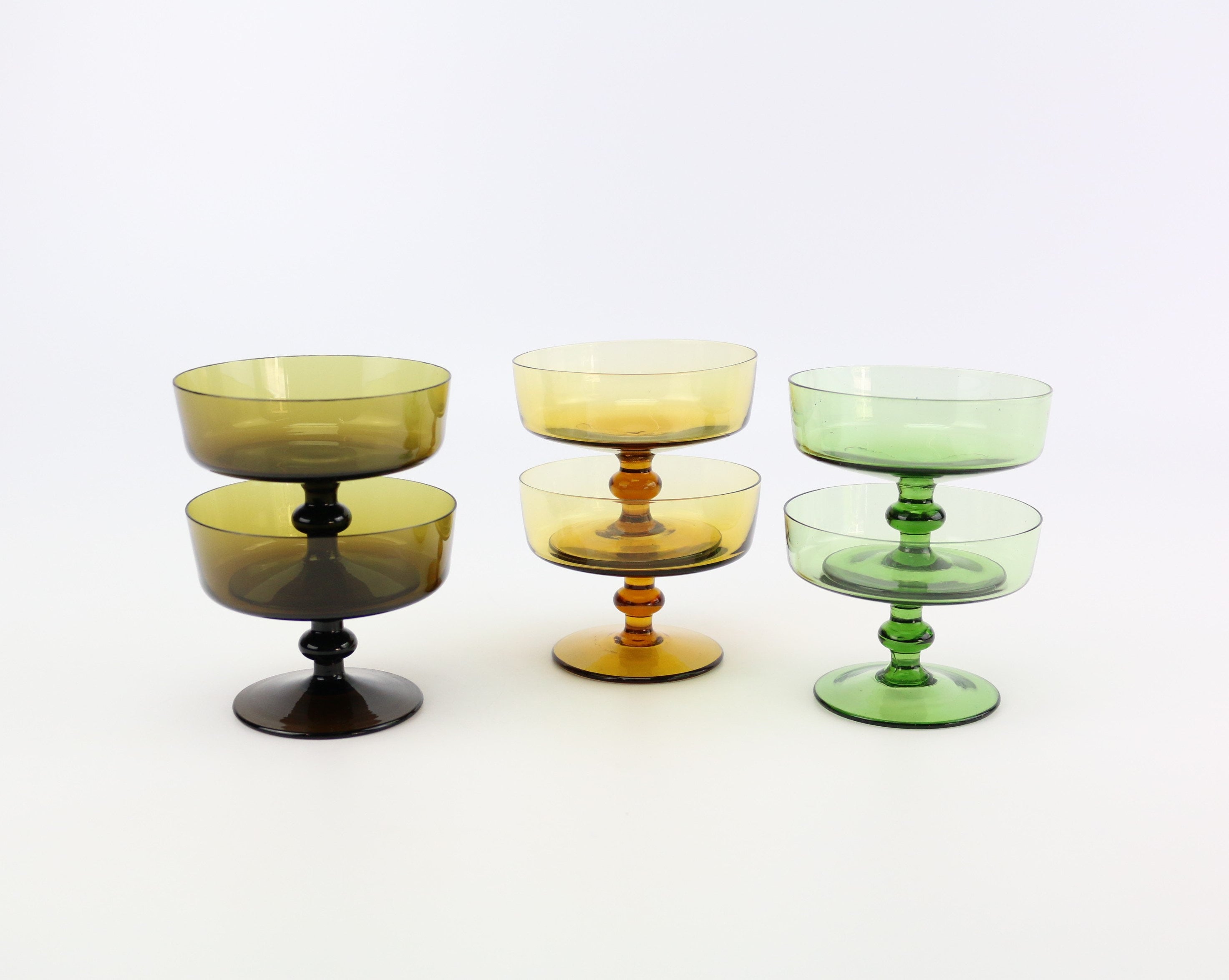 6er Set bunte Likörschalen antik vintage Sammlerglas Likörgläser Schnapsgläser gelb braun grün