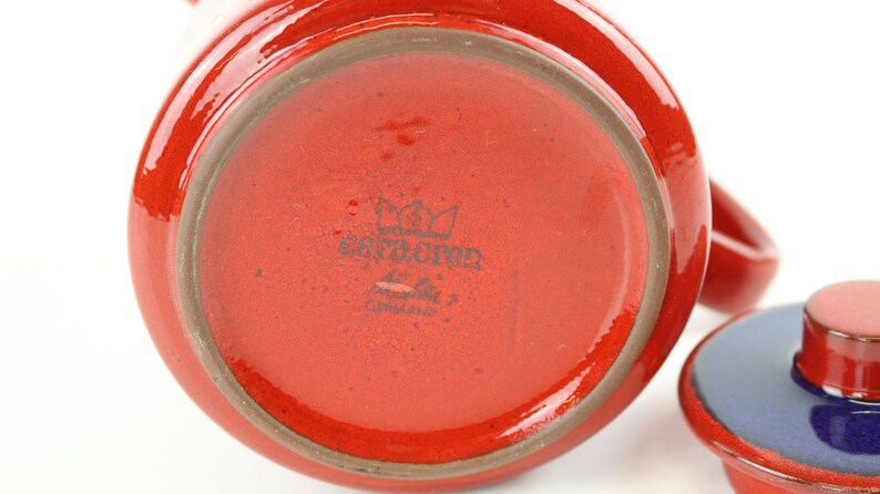 Ceracron tea or coffee pot red blue German retro pottery coffee pot skandi design trend color red Vintage Melitta Germany d\u00e9cor