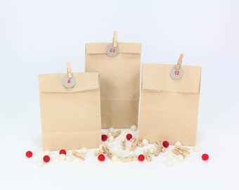 Advent calendar DIY set for self-filling 24 brown block bottom bags 23.5 x 13 x 7.7 plus 24 clothespins and number tags