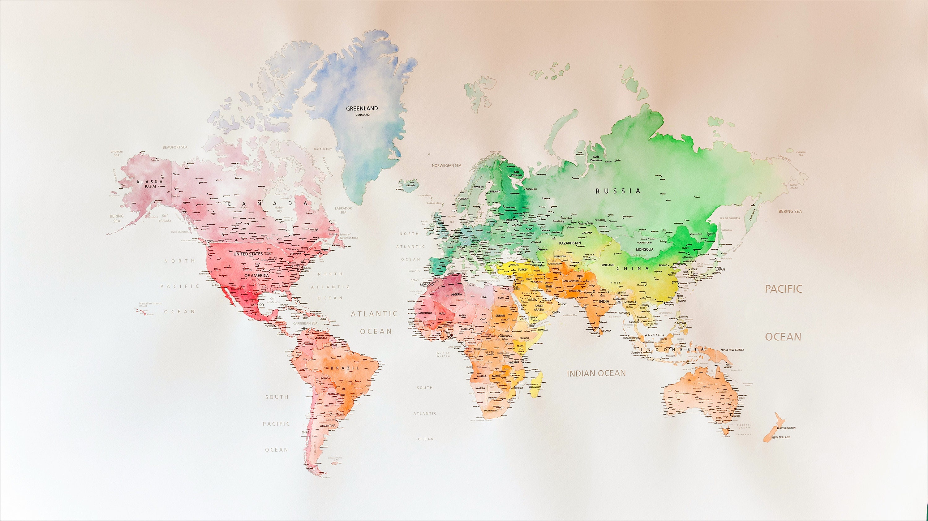 World map watercolor handmade (106 x 78 cm) world map, handmade watercolor