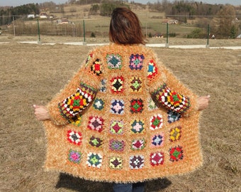 Crochet Patchwork Sweater  Granny Square Jacket Patchwork cardigan Open cardigan Retro long sweater Boho  Jacket women Crochet Knit cardigan