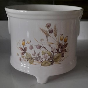 May include: White ceramic planter with a floral design featuring brown leaves, yellow berries, and pink flowers. The planter has three feet and a rounded shape.