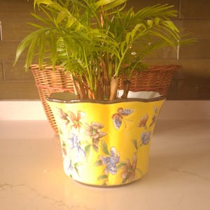 May include: A bright yellow ceramic planter with a scalloped rim, decorated with a colourful pattern of various flowers and a butterfly. The planter holds a small green palm plant and is positioned in front of a woven brown wicker basket.