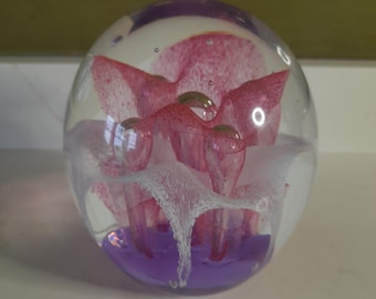 Vintage pink, purple and white flower, bubble paperweight.