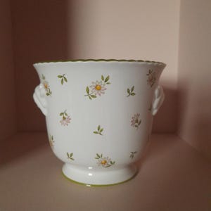 May include: White ceramic planter with a scalloped rim and a pedestal base. The planter is decorated with small pink and yellow daisy floral patterns and green leaves. It has two decorative handles on either side.