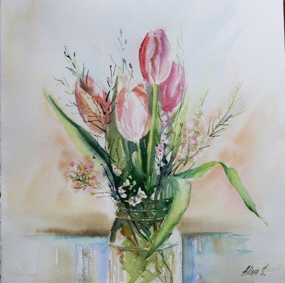 Spring flowers tulip watercolor pink flower painting print framed housewarming gift floral art print original watercolor floral art Tulips