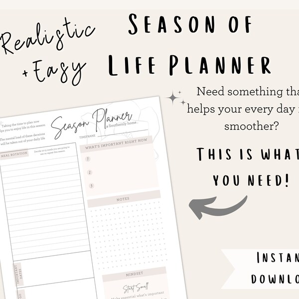 Realistic life planner, goals worksheet, dinner planner, mom home binder, life organization, family goals sheet, simple download printable