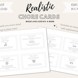 Bewerkbare, realistische dagelijkse karwei- en routinekaarten, visueel takenschema voor kinderen, huis schoonmaken met afbeeldingen + beschrijving, direct downloaden