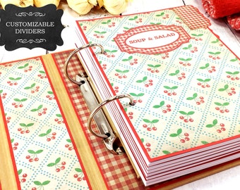 Personalized Farmhouse Blank Cookbook Binder with Customizable Dividers, Retro Recipe Book with Crochet Lace, Vintage Cherry Recipe Book