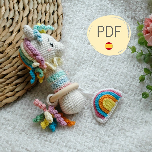 Sonajero unicornio, PDF tutorial, PATRÓN de crochet sonajero, juguete, patrón amigurumi, muñeco sonajero, muñeco bebes crochet